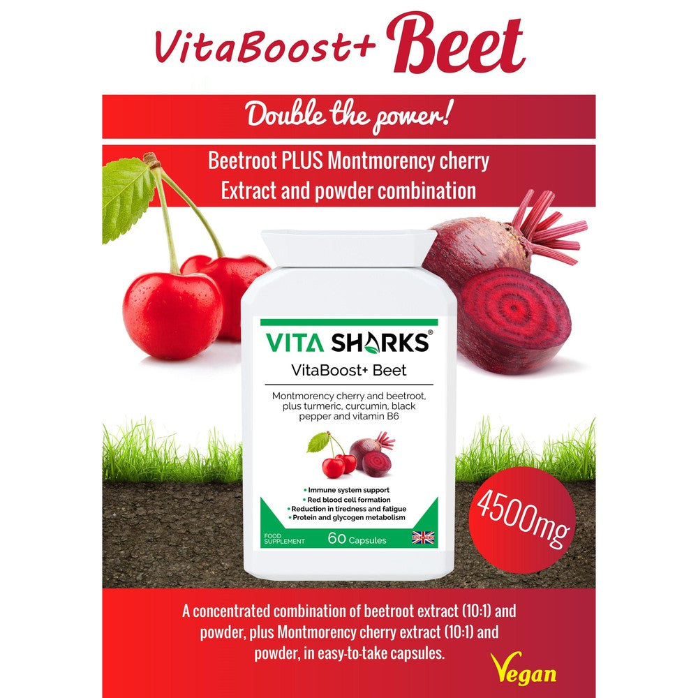 Buy VitaBoost+ Beet | Montmorency Cherry & Beetroot Forrmula Antioxidant Supplement - A supplement high in bioavailable antioxidants (including anthocyanins) containing non-irritating iron; with black pepper increasing absorption and utilisation of the beneficial ingredients in the formula. Supporting the reduction of tiredness and fatigue, energy-yielding metabolism, immunity, red blood cell formation. at Sacred Remedy Online