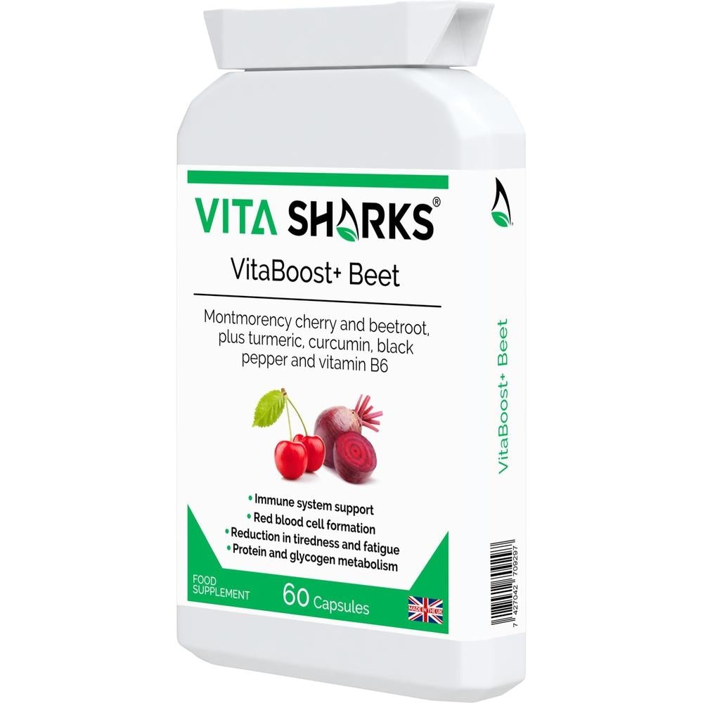 Buy VitaBoost+ Beet | Montmorency Cherry & Beetroot Forrmula Antioxidant Supplement - A supplement high in bioavailable antioxidants (including anthocyanins) containing non-irritating iron; with black pepper increasing absorption and utilisation of the beneficial ingredients in the formula. Supporting the reduction of tiredness and fatigue, energy-yielding metabolism, immunity, red blood cell formation. at Sacred Remedy Online