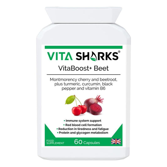 Buy VitaBoost+ Beet | Montmorency Cherry & Beetroot Forrmula Antioxidant Supplement - A supplement high in bioavailable antioxidants (including anthocyanins) containing non-irritating iron; with black pepper increasing absorption and utilisation of the beneficial ingredients in the formula. Supporting the reduction of tiredness and fatigue, energy-yielding metabolism, immunity, red blood cell formation. at Sacred Remedy Online