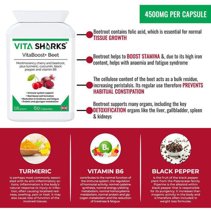 VitaBoost+ Beet | Montmorency Cherry & Beetroot Forrmula Antioxidant Supplement - A supplement high in bioavailable antioxidants (including anthocyanins) containing non-irritating iron; with black pepper increasing absorption and utilisation of the beneficial ingredients in the formula. Supporting the reduction of tiredness and fatigue, energy-yielding metabolism, immunity, red blood cell formation. Buy Now at Sacred Remedy