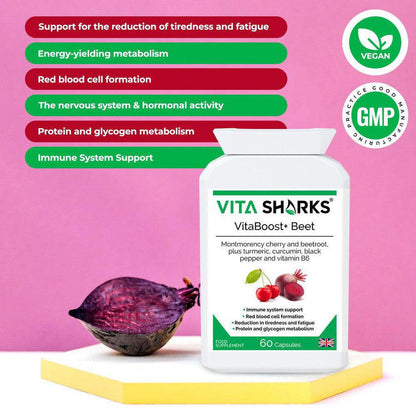 VitaBoost+ Beet | Montmorency Cherry & Beetroot Forrmula Antioxidant Supplement - A supplement high in bioavailable antioxidants (including anthocyanins) containing non-irritating iron; with black pepper increasing absorption and utilisation of the beneficial ingredients in the formula. Supporting the reduction of tiredness and fatigue, energy-yielding metabolism, immunity, red blood cell formation. Buy Now at Sacred Remedy