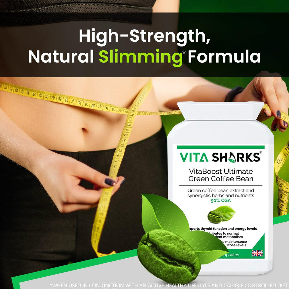 Buy VitaBoost Ultimate Green Coffee Bean | Control Appetite & Cravings while Optimising Training - VitaBoost Ultimate Green Coffee Bean is a high-strength UK-manufactured supplement with 50% Chlorogenic Acid (CGA). Formulated with Kelp, Cinnamon, Cayenne and Chromium. It may support the balance of sugar levels and weight by slowly releasing glucose after meals. Achieve your new year goals and strive for optimal results with VitaBoost Ultimate Green Coffee Bean. at Sacred Remedy Online