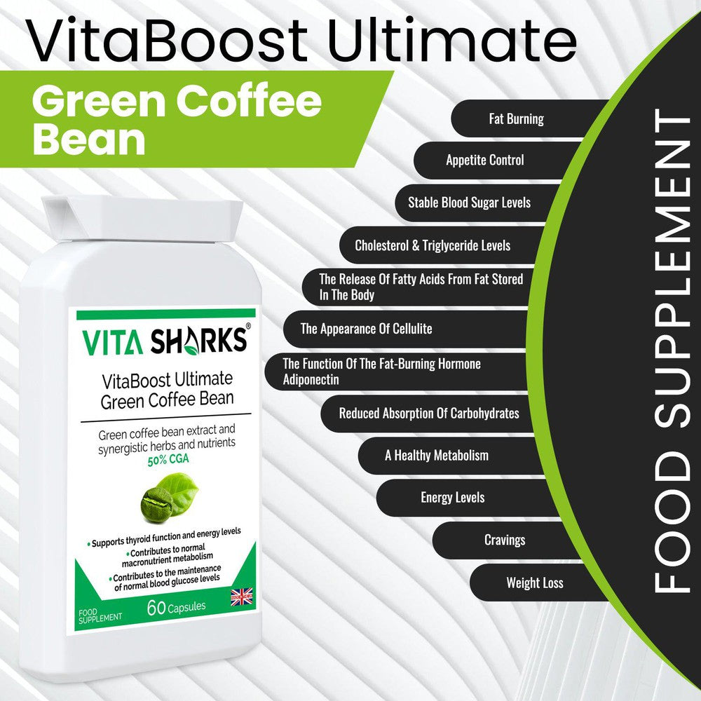 Buy VitaBoost Ultimate Green Coffee Bean | Control Appetite & Cravings while Optimising Training - VitaBoost Ultimate Green Coffee Bean is a high-strength UK-manufactured supplement with 50% Chlorogenic Acid (CGA). Formulated with Kelp, Cinnamon, Cayenne and Chromium. It may support the balance of sugar levels and weight by slowly releasing glucose after meals. Achieve your new year goals and strive for optimal results with VitaBoost Ultimate Green Coffee Bean. at Sacred Remedy Online