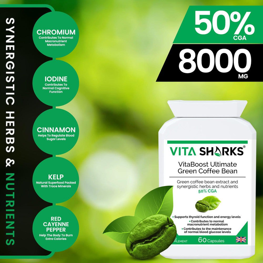 Buy VitaBoost Ultimate Green Coffee Bean | Control Appetite & Cravings while Optimising Training - VitaBoost Ultimate Green Coffee Bean is a high-strength UK-manufactured supplement with 50% Chlorogenic Acid (CGA). Formulated with Kelp, Cinnamon, Cayenne and Chromium. It may support the balance of sugar levels and weight by slowly releasing glucose after meals. Achieve your new year goals and strive for optimal results with VitaBoost Ultimate Green Coffee Bean. at Sacred Remedy Online