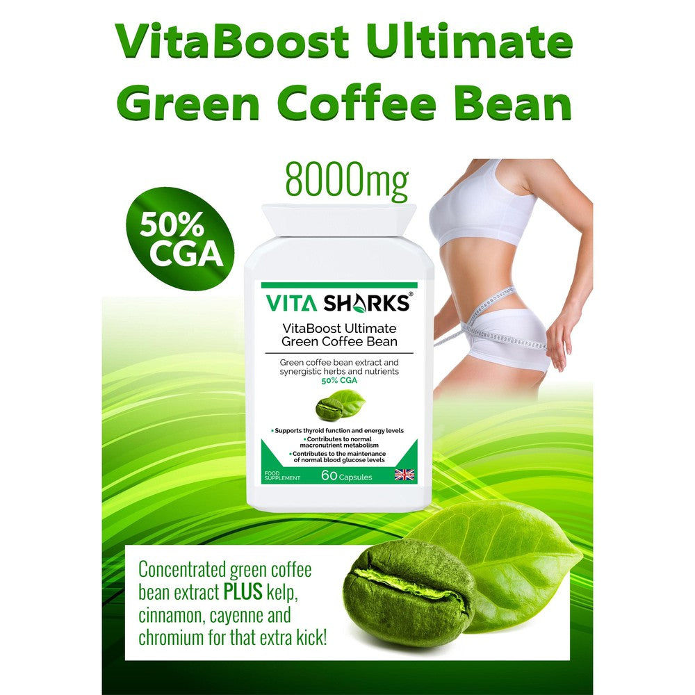 Buy VitaBoost Ultimate Green Coffee Bean | Control Appetite & Cravings while Optimising Training - VitaBoost Ultimate Green Coffee Bean is a high-strength UK-manufactured supplement with 50% Chlorogenic Acid (CGA). Formulated with Kelp, Cinnamon, Cayenne and Chromium. It may support the balance of sugar levels and weight by slowly releasing glucose after meals. Achieve your new year goals and strive for optimal results with VitaBoost Ultimate Green Coffee Bean. at Sacred Remedy Online