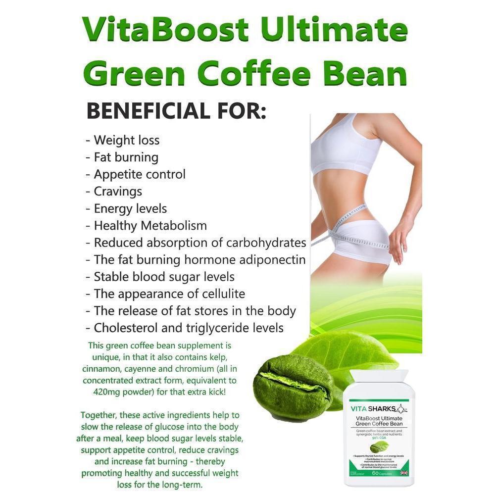 Buy VitaBoost Ultimate Green Coffee Bean | Control Appetite & Cravings while Optimising Training - VitaBoost Ultimate Green Coffee Bean is a high-strength UK-manufactured supplement with 50% Chlorogenic Acid (CGA). Formulated with Kelp, Cinnamon, Cayenne and Chromium. It may support the balance of sugar levels and weight by slowly releasing glucose after meals. Achieve your new year goals and strive for optimal results with VitaBoost Ultimate Green Coffee Bean. at Sacred Remedy Online