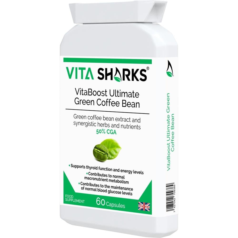 Buy VitaBoost Ultimate Green Coffee Bean | Control Appetite & Cravings while Optimising Training - VitaBoost Ultimate Green Coffee Bean is a high-strength UK-manufactured supplement with 50% Chlorogenic Acid (CGA). Formulated with Kelp, Cinnamon, Cayenne and Chromium. It may support the balance of sugar levels and weight by slowly releasing glucose after meals. Achieve your new year goals and strive for optimal results with VitaBoost Ultimate Green Coffee Bean. at Sacred Remedy Online