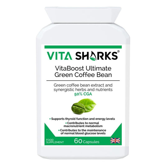 Buy VitaBoost Ultimate Green Coffee Bean | Control Appetite & Cravings while Optimising Training - VitaBoost Ultimate Green Coffee Bean is a high-strength UK-manufactured supplement with 50% Chlorogenic Acid (CGA). Formulated with Kelp, Cinnamon, Cayenne and Chromium. It may support the balance of sugar levels and weight by slowly releasing glucose after meals. Achieve your new year goals and strive for optimal results with VitaBoost Ultimate Green Coffee Bean. at Sacred Remedy Online