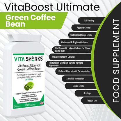 VitaBoost Ultimate Green Coffee Bean | Control Appetite & Cravings while Optimising Training - VitaBoost Green Coffee Bean: A high-strength 50% CGA supplement with Kelp & Chromium. UK-made. May support weight & balance sugar levels after meals. Buy Now at Sacred Remedy