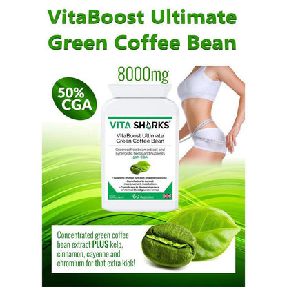 VitaBoost Ultimate Green Coffee Bean | Control Appetite & Cravings while Optimising Training - VitaBoost Green Coffee Bean: A high-strength 50% CGA supplement with Kelp & Chromium. UK-made. May support weight & balance sugar levels after meals. Buy Now at Sacred Remedy