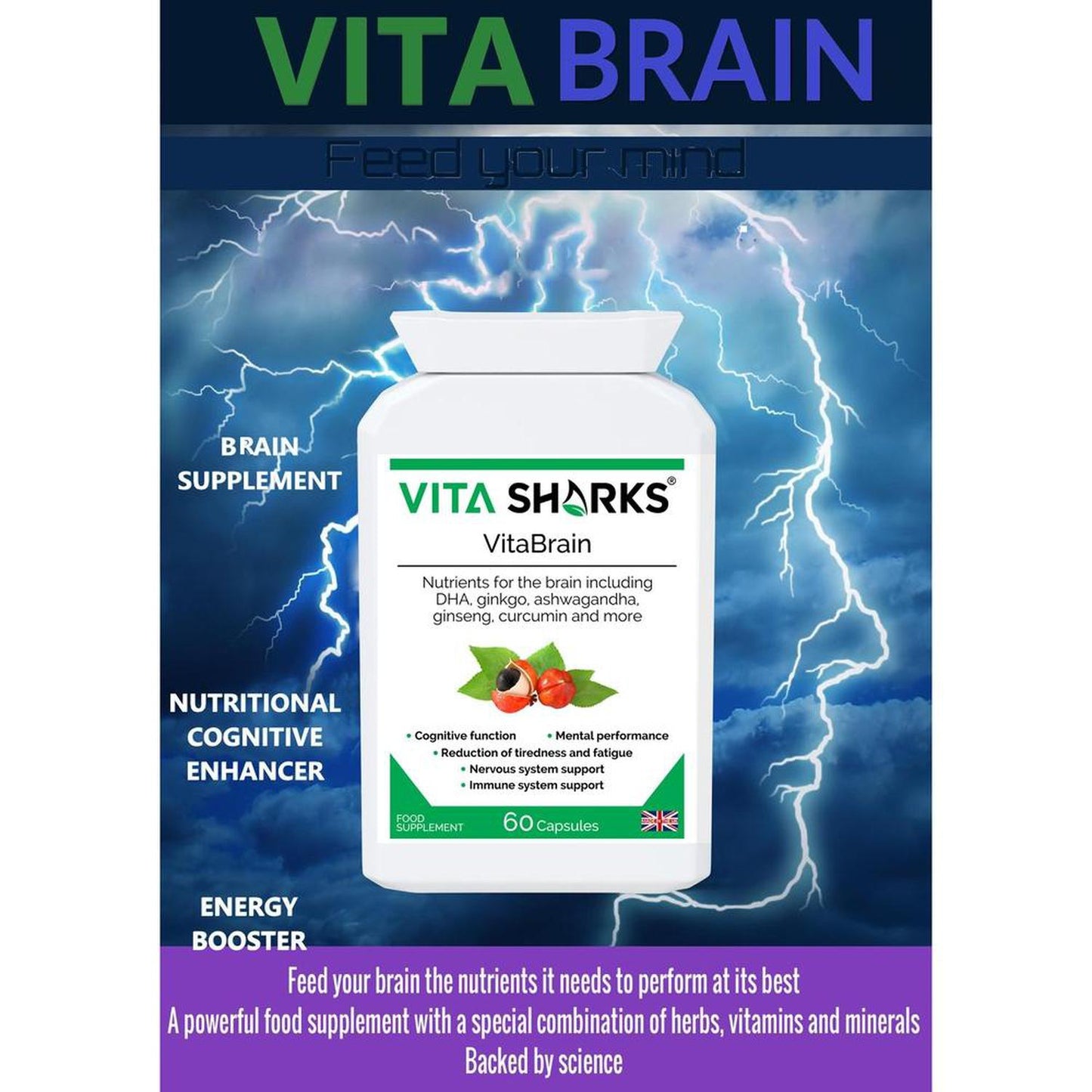 VitaBrain Nootropic & Brain Food. Cognitive Enhancer for Concentration & Memory - A super-concentrated, powerful health supplement for the brain. A natural nootropic & nutritional cognitive enhancer, supporting focus, concentration, mental performance, memory recall & energy levels. Supports ability to think more clearly & provides valuable additional nutritional energy to your brain & body. Buy Now at Sacred Remedy