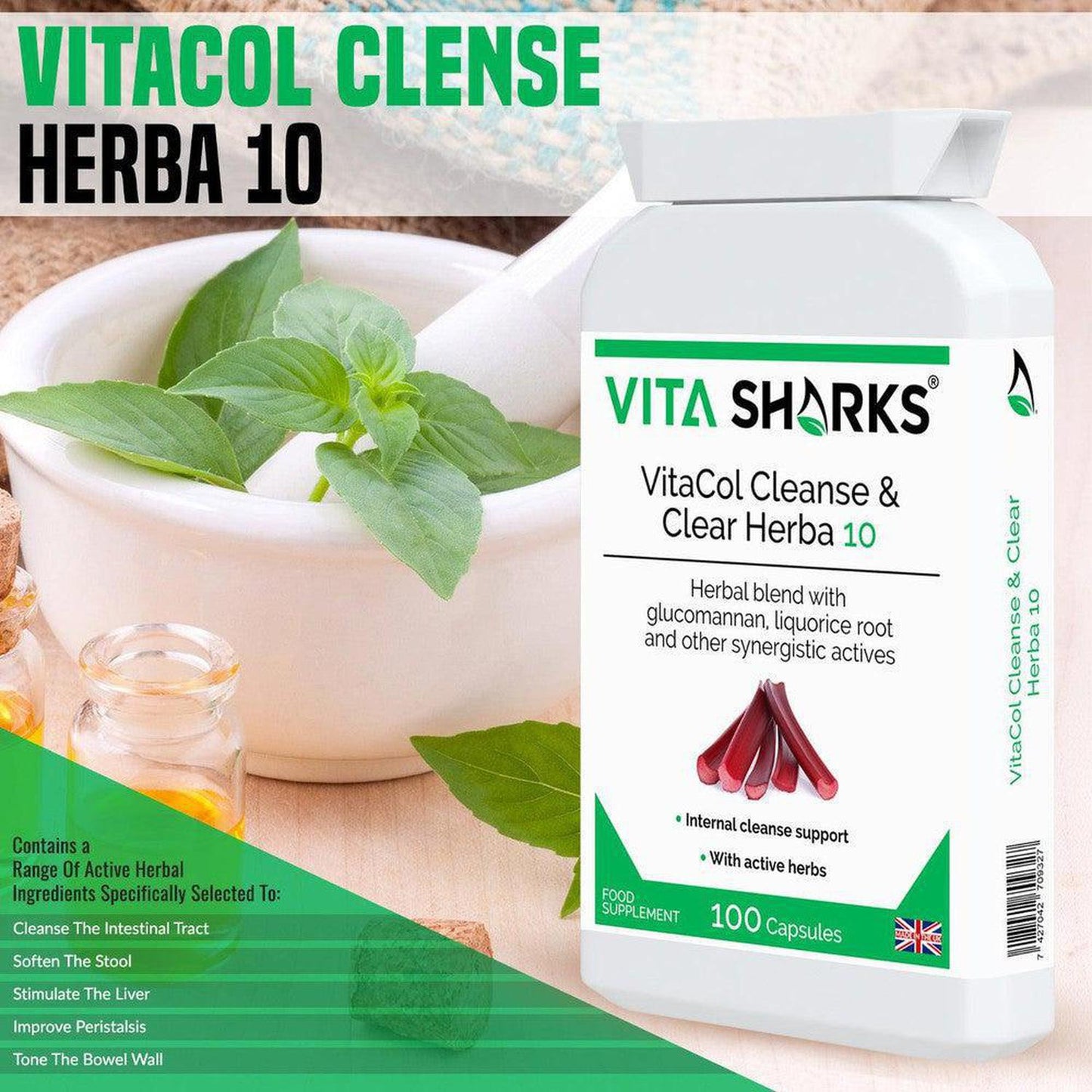 VitaCol Cleanse Herba 10 | High Quality Internal Cleansing Colon & Bowel Support Supplement - VitaCol Cleanse Herba 10 contains a range of active herbal ingredients which may support to cleanse the intestinal tract, soften the stool, stimulate the liver and improve peristalsis. This, in turn, helps to produce bowel movements & expel layers of old encrusted mucus and faecal matter that may have accumulated over time. Buy Now at Sacred Remedy