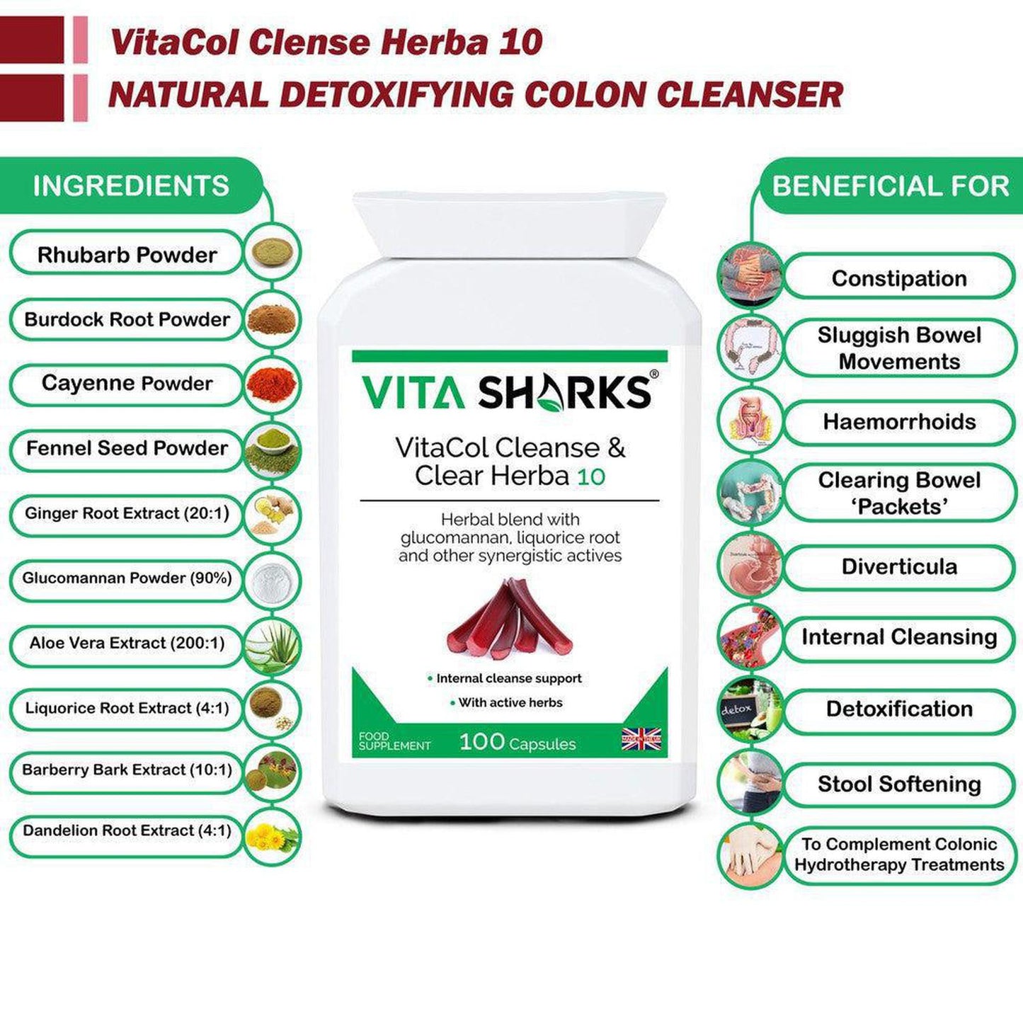 VitaCol Cleanse Herba 10 | High Quality Internal Cleansing Colon & Bowel Support Supplement - VitaCol Cleanse Herba 10 contains a range of active herbal ingredients which may support to cleanse the intestinal tract, soften the stool, stimulate the liver and improve peristalsis. This, in turn, helps to produce bowel movements & expel layers of old encrusted mucus and faecal matter that may have accumulated over time. Buy Now at Sacred Remedy