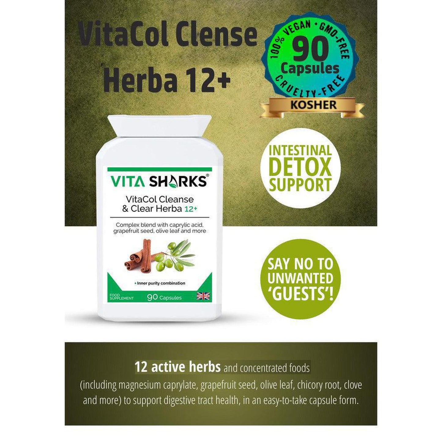 VitaCol Clense Herba 12+ | Gastrointestinal Cleanse & Detox Support - VitaCol Clense Herba 12+ is a broad-spectrum gastrointestinal cleanse & detox supplement, to support a balanced lower digestive tract & protect against internal parasites, worms & other harmful micro-organisms. It contains a range of tried and tested herbs and concentrated foods to support digestive tract health. Buy Now at Sacred Remedy