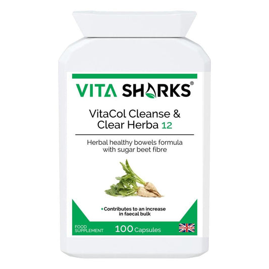 VitaCol Cleanse Herba 12 | Potent Herbal Colon Cleanser. Soften Stool & Expel Intestinal Mucus - Popular with colonic hydrotherapists, VitaCol Cleanse Herba 12 contains a range of active herbal ingredients specifically selected to contribute to an increase in faecal bulk & normal bowel function. They also act to gently cleanse, stimulate and tone the bowel wall, supporting a move towards unassisted bowel movements. Buy Now at Sacred Remedy