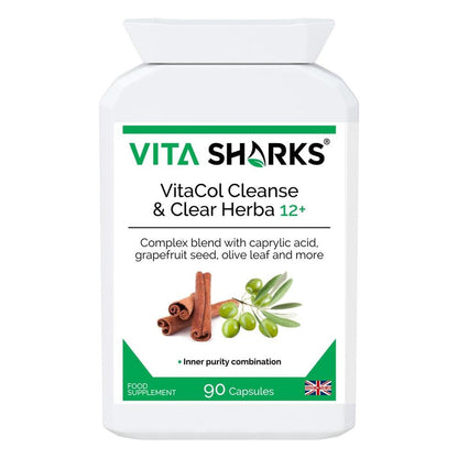 VitaCol Clense Herba 12+ | Gastrointestinal Cleanse & Detox Support - VitaCol Clense Herba 12+ is a broad-spectrum gastrointestinal cleanse & detox supplement, to support a balanced lower digestive tract & protect against internal parasites, worms & other harmful micro-organisms. It contains a range of tried and tested herbs and concentrated foods to support digestive tract health. Buy Now at Sacred Remedy