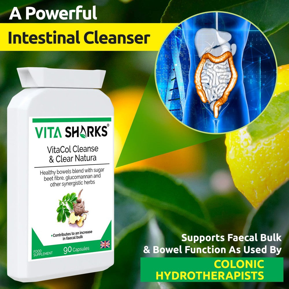 Buy VitaCol Cleanse & Clear Natura | Fast Acting, High Strength Colon Cleanser - A fast-acting colon cleanser, designed for the chronically constipated in need of strong treatment for a blocked bowel. Purgatives have been combined with carminatives to prevent griping. A tried and tested combination of active ingredients known as the ultimate herbal laxative. Sugar beet fibre has also been added to the formula, to offer specific support for an increase in faecal bulk and normal bowel function. at Sacred Reme