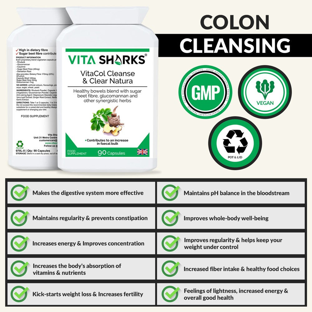 Buy VitaCol Cleanse & Clear Natura | Fast Acting, High Strength Colon Cleanser - A fast-acting colon cleanser, designed for the chronically constipated in need of strong treatment for a blocked bowel. Purgatives have been combined with carminatives to prevent griping. A tried and tested combination of active ingredients known as the ultimate herbal laxative. Sugar beet fibre has also been added to the formula, to offer specific support for an increase in faecal bulk and normal bowel function. at Sacred Reme