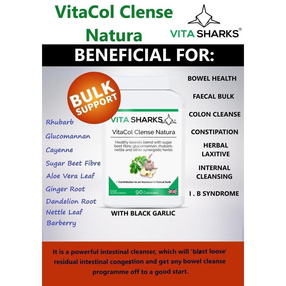 Buy VitaCol Cleanse & Clear Natura | Fast Acting, High Strength Colon Cleanser - A fast-acting colon cleanser, designed for the chronically constipated in need of strong treatment for a blocked bowel. Purgatives have been combined with carminatives to prevent griping. A tried and tested combination of active ingredients known as the ultimate herbal laxative. Sugar beet fibre has also been added to the formula, to offer specific support for an increase in faecal bulk and normal bowel function. at Sacred Reme