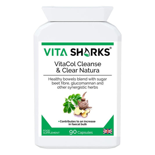 Buy VitaCol Cleanse & Clear Natura | Fast Acting, High Strength Colon Cleanser - A fast-acting colon cleanser, designed for the chronically constipated in need of strong treatment for a blocked bowel. Purgatives have been combined with carminatives to prevent griping. A tried and tested combination of active ingredients known as the ultimate herbal laxative. Sugar beet fibre has also been added to the formula, to offer specific support for an increase in faecal bulk and normal bowel function. at Sacred Reme