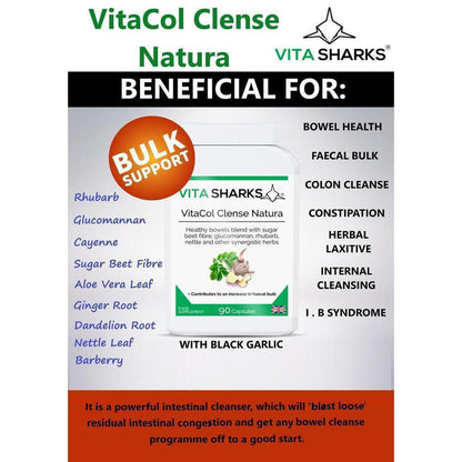 VitaCol Cleanse & Clear Natura | Fast Acting, High Strength Colon Cleanser - A fast-acting colon cleanser, designed for the chronically constipated in need of strong treatment for a blocked bowel. Purgatives have been combined with carminatives to prevent griping. A tried and tested combination of active ingredients known as the ultimate herbal laxative. Sugar beet fibre has also been added to the formula, to offer specific support for an increase in faecal bulk and normal bowel function. Buy Now at Sacred 
