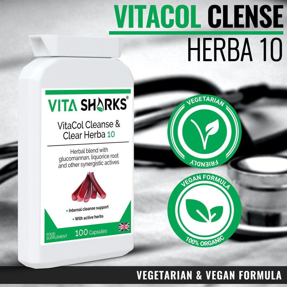 Buy VitaCol Cleanse Herba 10 | High Quality Internal Cleansing Colon & Bowel Support Supplement - VitaCol Cleanse Herba 10 contains a range of active herbal ingredients which may support to cleanse the intestinal tract, soften the stool, stimulate the liver and improve peristalsis. This, in turn, helps to produce bowel movements & expel layers of old encrusted mucus and faecal matter that may have accumulated over time. at Sacred Remedy Online