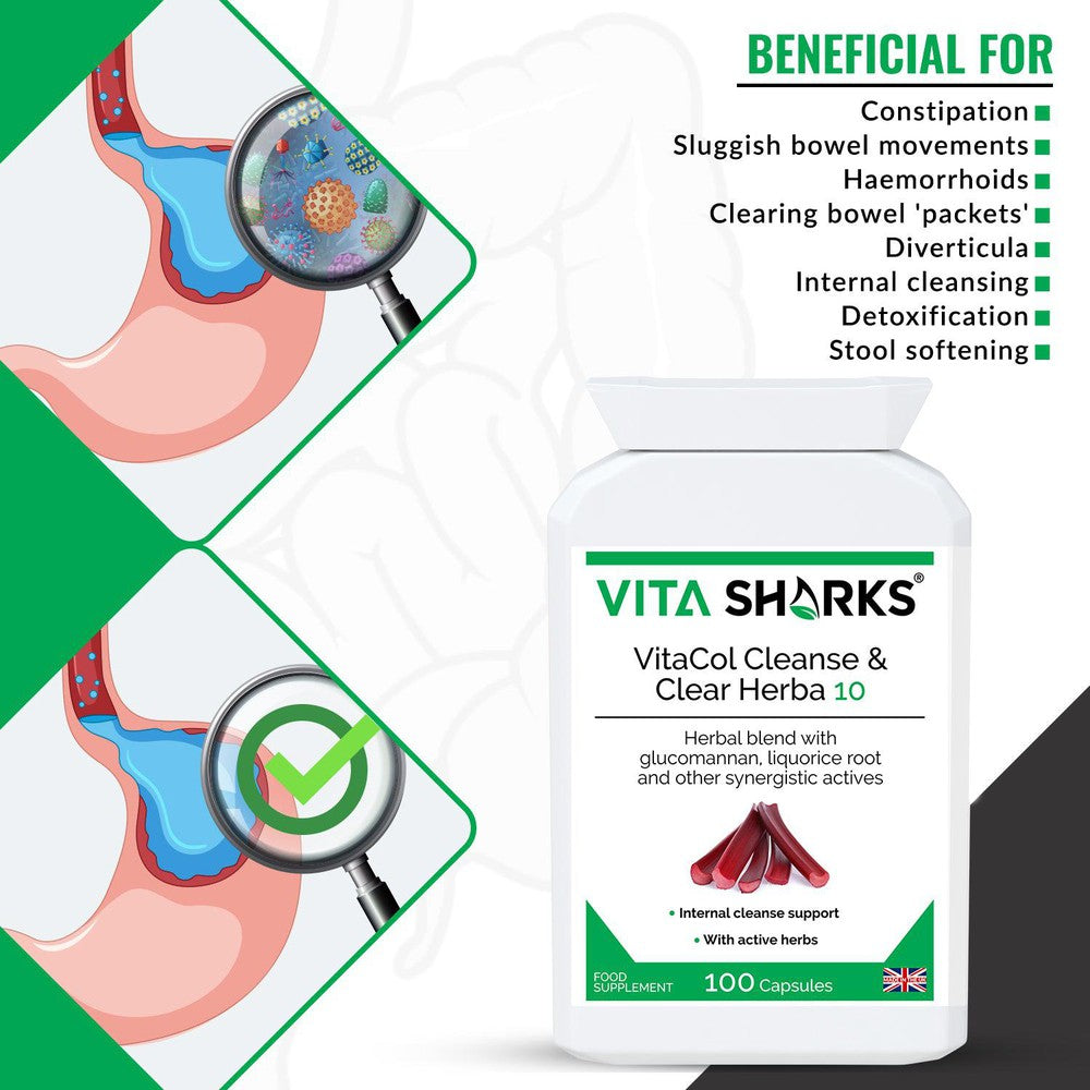 Buy VitaCol Cleanse Herba 10 | High Quality Internal Cleansing Colon & Bowel Support Supplement - VitaCol Cleanse Herba 10 contains a range of active herbal ingredients which may support to cleanse the intestinal tract, soften the stool, stimulate the liver and improve peristalsis. This, in turn, helps to produce bowel movements & expel layers of old encrusted mucus and faecal matter that may have accumulated over time. at Sacred Remedy Online