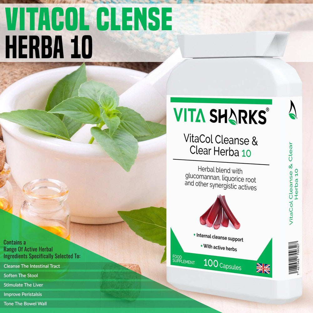 Buy VitaCol Cleanse Herba 10 | High Quality Internal Cleansing Colon & Bowel Support Supplement - VitaCol Cleanse Herba 10 contains a range of active herbal ingredients which may support to cleanse the intestinal tract, soften the stool, stimulate the liver and improve peristalsis. This, in turn, helps to produce bowel movements & expel layers of old encrusted mucus and faecal matter that may have accumulated over time. at Sacred Remedy Online