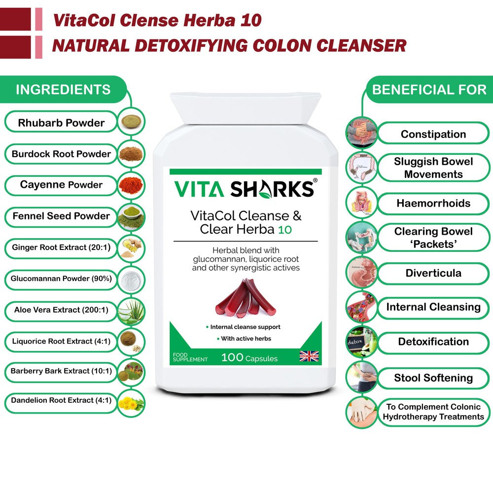 Buy VitaCol Cleanse Herba 10 | High Quality Internal Cleansing Colon & Bowel Support Supplement - VitaCol Cleanse Herba 10 contains a range of active herbal ingredients which may support to cleanse the intestinal tract, soften the stool, stimulate the liver and improve peristalsis. This, in turn, helps to produce bowel movements & expel layers of old encrusted mucus and faecal matter that may have accumulated over time. at Sacred Remedy Online