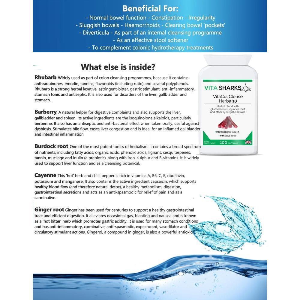 Buy VitaCol Cleanse Herba 10 | High Quality Internal Cleansing Colon & Bowel Support Supplement - VitaCol Cleanse Herba 10 contains a range of active herbal ingredients which may support to cleanse the intestinal tract, soften the stool, stimulate the liver and improve peristalsis. This, in turn, helps to produce bowel movements & expel layers of old encrusted mucus and faecal matter that may have accumulated over time. at Sacred Remedy Online