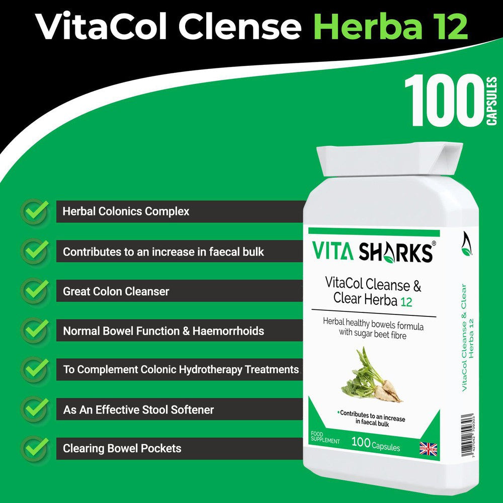 Buy VitaCol Cleanse Herba 12 | Potent Herbal Colon Cleanser. Soften Stool & Expel Intestinal Mucus - Popular with colonic hydrotherapists, VitaCol Cleanse Herba 12 contains a range of active herbal ingredients specifically selected to contribute to an increase in faecal bulk & normal bowel function. They also act to gently cleanse, stimulate and tone the bowel wall, supporting a move towards unassisted bowel movements. at Sacred Remedy Online