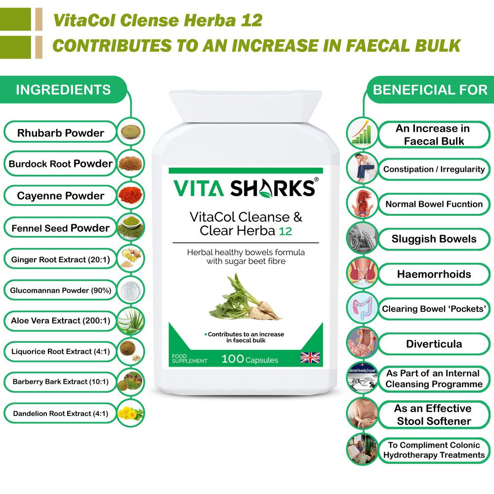 Buy VitaCol Cleanse Herba 12 | Potent Herbal Colon Cleanser. Soften Stool & Expel Intestinal Mucus - Popular with colonic hydrotherapists, VitaCol Cleanse Herba 12 contains a range of active herbal ingredients specifically selected to contribute to an increase in faecal bulk & normal bowel function. They also act to gently cleanse, stimulate and tone the bowel wall, supporting a move towards unassisted bowel movements. at Sacred Remedy Online