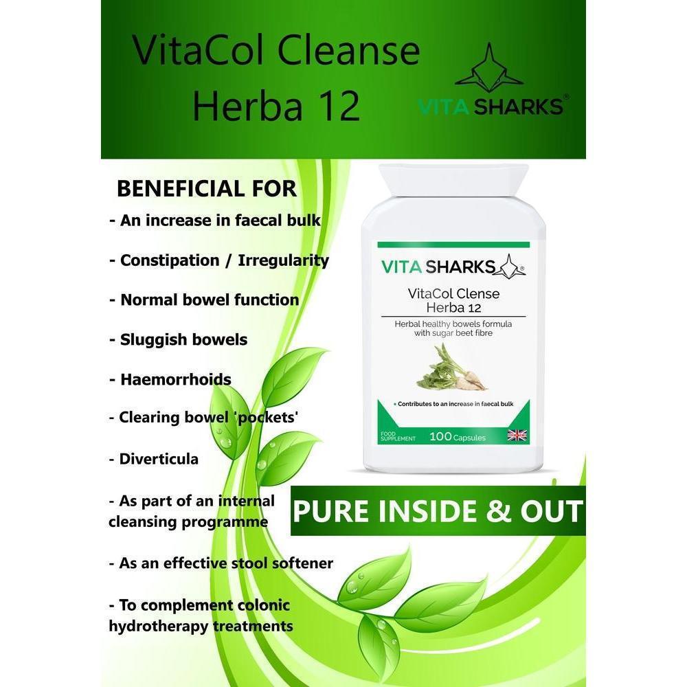 Buy VitaCol Cleanse Herba 12 | Potent Herbal Colon Cleanser. Soften Stool & Expel Intestinal Mucus - Popular with colonic hydrotherapists, VitaCol Cleanse Herba 12 contains a range of active herbal ingredients specifically selected to contribute to an increase in faecal bulk & normal bowel function. They also act to gently cleanse, stimulate and tone the bowel wall, supporting a move towards unassisted bowel movements. at Sacred Remedy Online