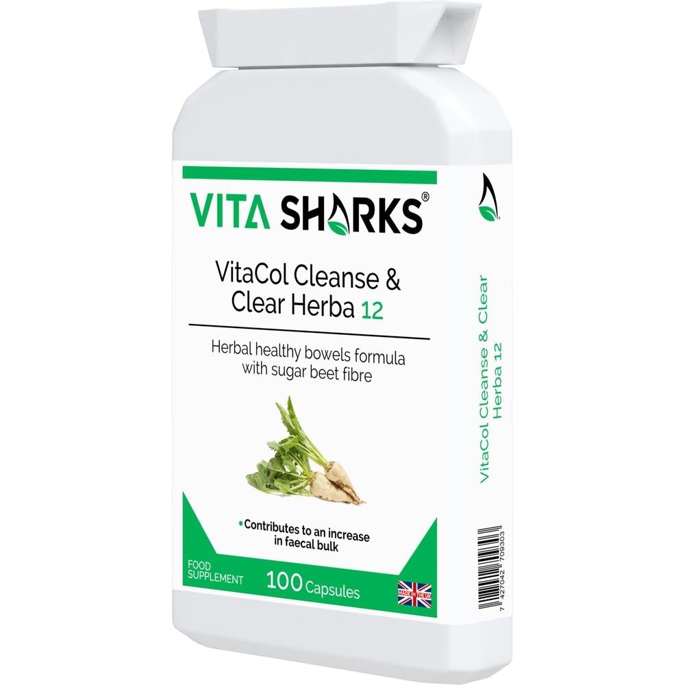 Buy VitaCol Cleanse Herba 12 | Potent Herbal Colon Cleanser. Soften Stool & Expel Intestinal Mucus - Popular with colonic hydrotherapists, VitaCol Cleanse Herba 12 contains a range of active herbal ingredients specifically selected to contribute to an increase in faecal bulk & normal bowel function. They also act to gently cleanse, stimulate and tone the bowel wall, supporting a move towards unassisted bowel movements. at Sacred Remedy Online