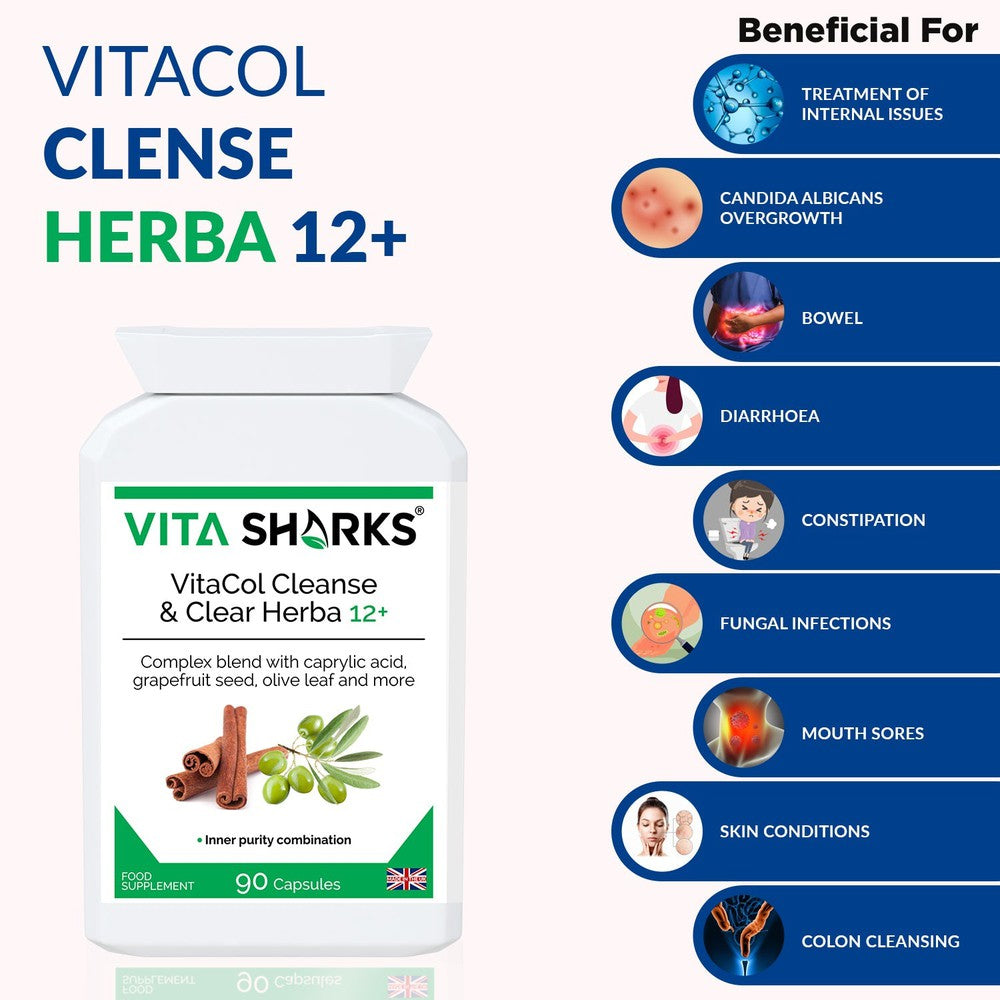 Buy VitaCol Clense Herba 12+ | Gastrointestinal Cleanse & Detox Support - VitaCol Clense Herba 12+ is a broad-spectrum gastrointestinal cleanse & detox supplement, to support a balanced lower digestive tract & protect against internal parasites, worms & other harmful micro-organisms. It contains a range of tried and tested herbs and concentrated foods to support digestive tract health. at Sacred Remedy Online