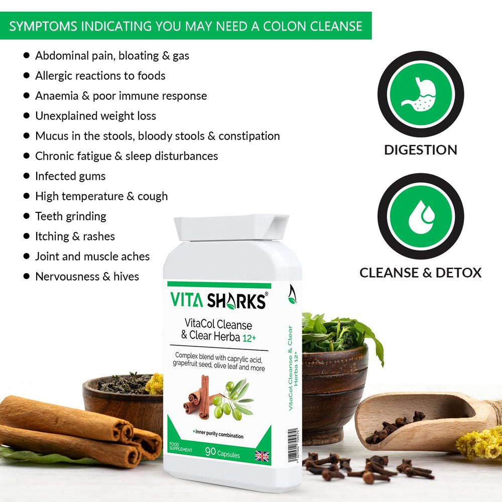 Buy VitaCol Clense Herba 12+ | Gastrointestinal Cleanse & Detox Support - VitaCol Clense Herba 12+ is a broad-spectrum gastrointestinal cleanse & detox supplement, to support a balanced lower digestive tract & protect against internal parasites, worms & other harmful micro-organisms. It contains a range of tried and tested herbs and concentrated foods to support digestive tract health. at Sacred Remedy Online