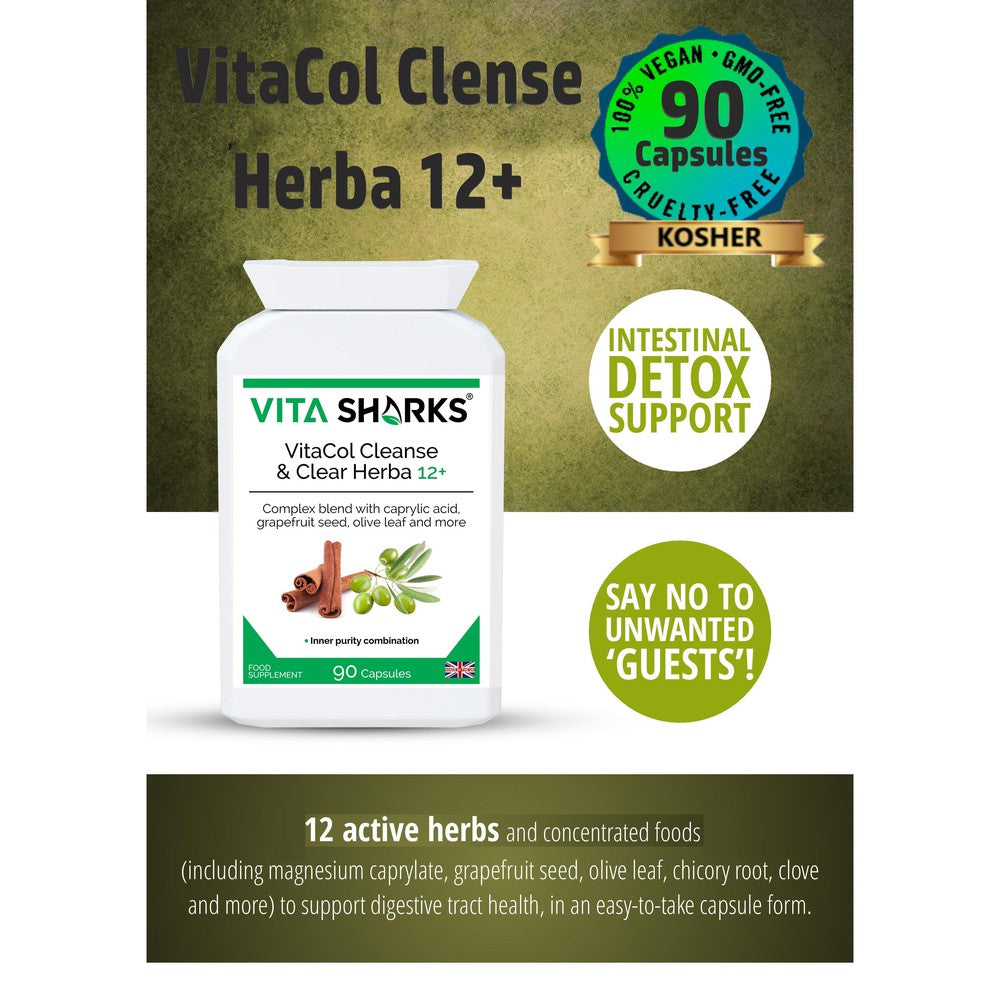 Buy VitaCol Clense Herba 12+ | Gastrointestinal Cleanse & Detox Support - VitaCol Clense Herba 12+ is a broad-spectrum gastrointestinal cleanse & detox supplement, to support a balanced lower digestive tract & protect against internal parasites, worms & other harmful micro-organisms. It contains a range of tried and tested herbs and concentrated foods to support digestive tract health. at Sacred Remedy Online