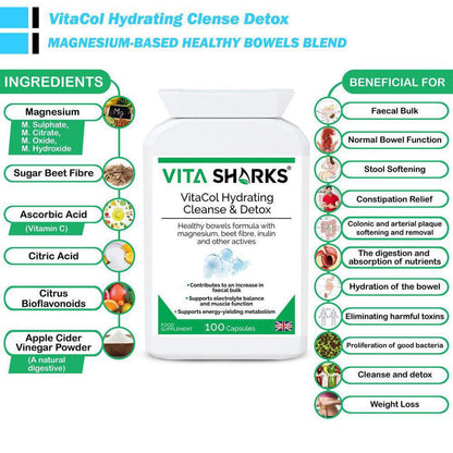 VitaCol Hydrating Clense & Detox | Magnesium Bowel Hydrating, Electrolyte Formula - A powerful yet gentle, non-habit forming colon formula. Contains nutrients selected to help increase faecal bulk and support normal bowel function Buy Now at Sacred Remedy