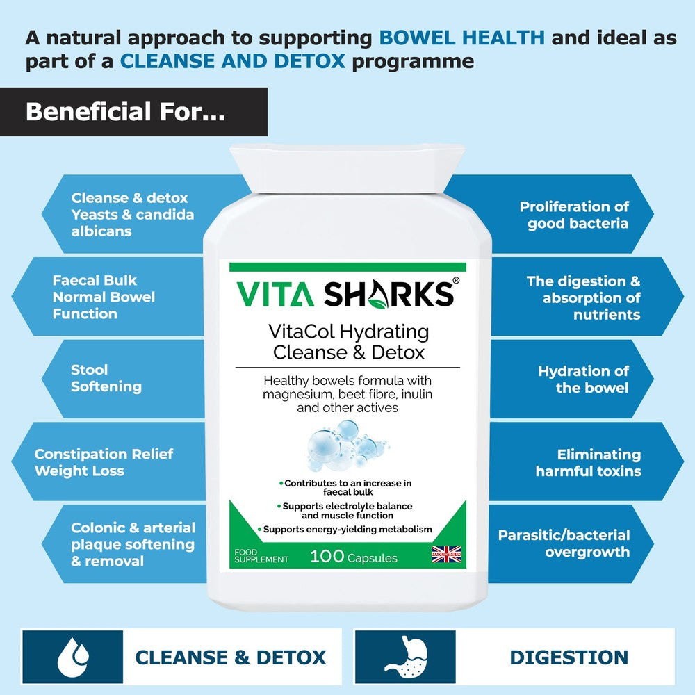 Buy VitaCol Hydrating Clense & Detox | Magnesium Bowel Hydrating, Electrolyte Formula - A powerful, yet gentle, non-habit forming health supplement colonics formula, with nutrients specifically selected to contribute to an increase in faecal bulk and normal bowel function. at Sacred Remedy Online