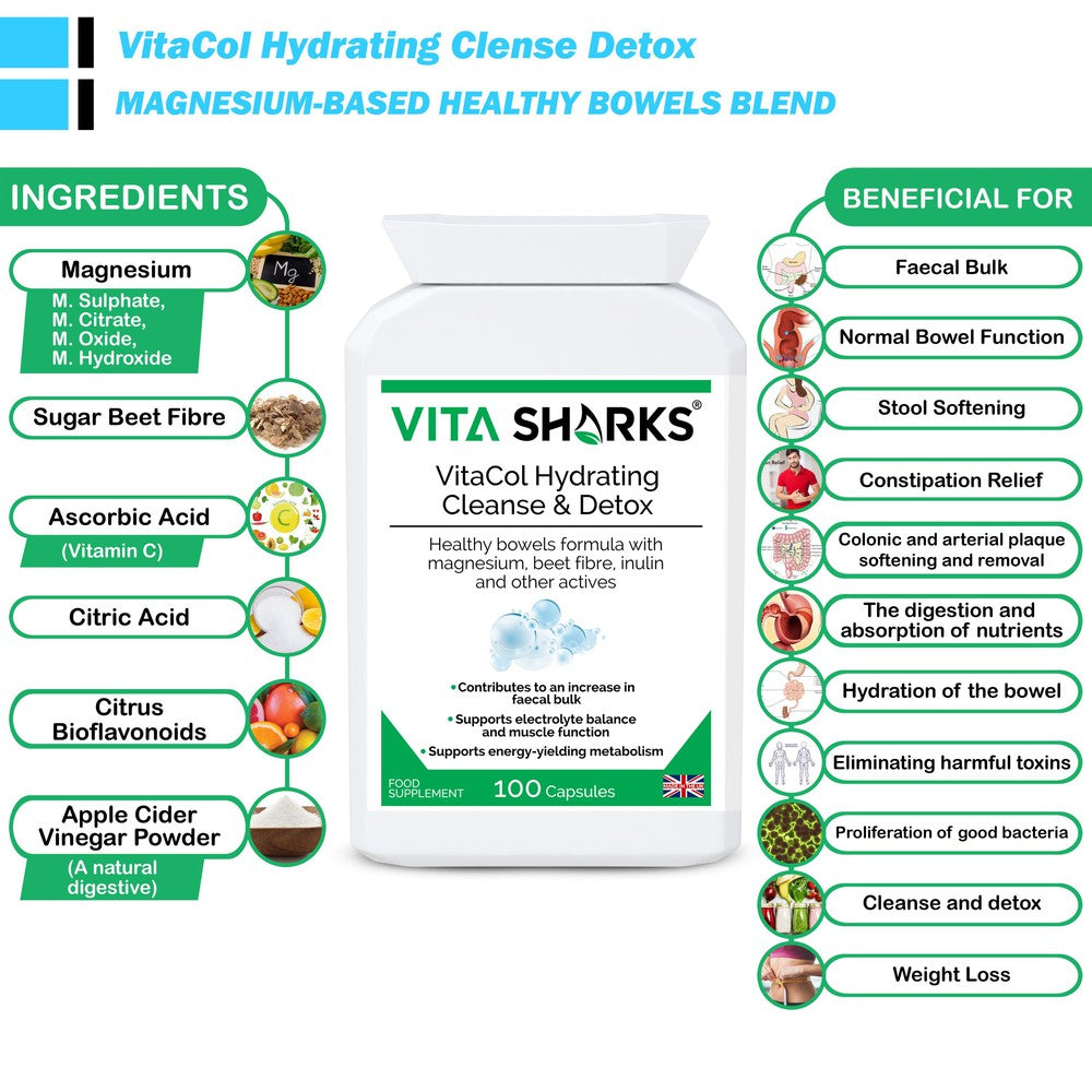 Buy VitaCol Hydrating Clense & Detox | Magnesium Bowel Hydrating, Electrolyte Formula - A powerful, yet gentle, non-habit forming health supplement colonics formula, with nutrients specifically selected to contribute to an increase in faecal bulk and normal bowel function. at Sacred Remedy Online