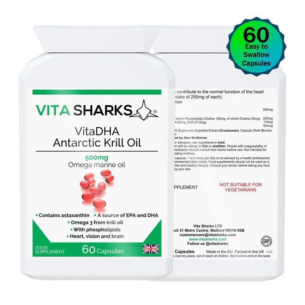 Buy VitaDHA Antarctic Krill Oil | A 500mg High Strength Source of Omega 3, Phospholipids & Astaxanthin - VitaDHA Antarctic Krill Oil is a powerful antioxidant and a natural source of high concentration omega 3 oil. Krill oil is used for the same reasons as cod liver oil, flax oil and other omega 3 fatty acids, but is often favoured because it does not cause fishy burps or an after-taste - a common side effect of fish oil. at Sacred Remedy Online