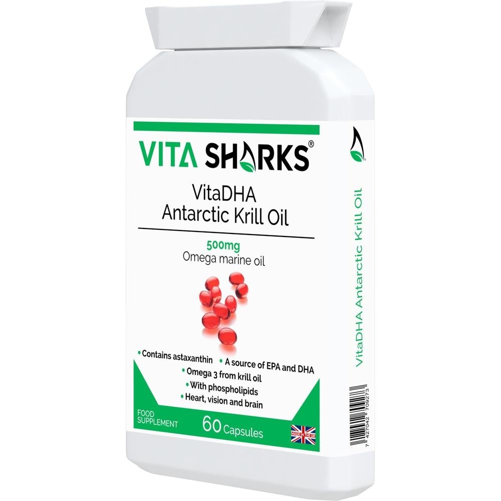 Buy VitaDHA Antarctic Krill Oil | A 500mg High Strength Source of Omega 3, Phospholipids & Astaxanthin - VitaDHA Antarctic Krill Oil is a powerful antioxidant and a natural source of high concentration omega 3 oil. Krill oil is used for the same reasons as cod liver oil, flax oil and other omega 3 fatty acids, but is often favoured because it does not cause fishy burps or an after-taste - a common side effect of fish oil. at Sacred Remedy Online