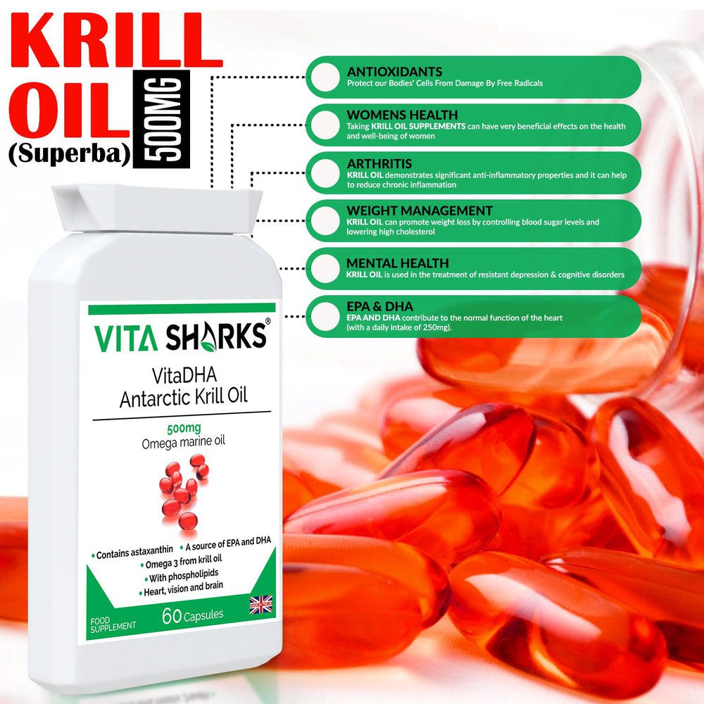 Buy VitaDHA Antarctic Krill Oil | A 500mg High Strength Source of Omega 3, Phospholipids & Astaxanthin - VitaDHA Antarctic Krill Oil is a powerful antioxidant and a natural source of high concentration omega 3 oil. Krill oil is used for the same reasons as cod liver oil, flax oil and other omega 3 fatty acids, but is often favoured because it does not cause fishy burps or an after-taste - a common side effect of fish oil. at Sacred Remedy Online