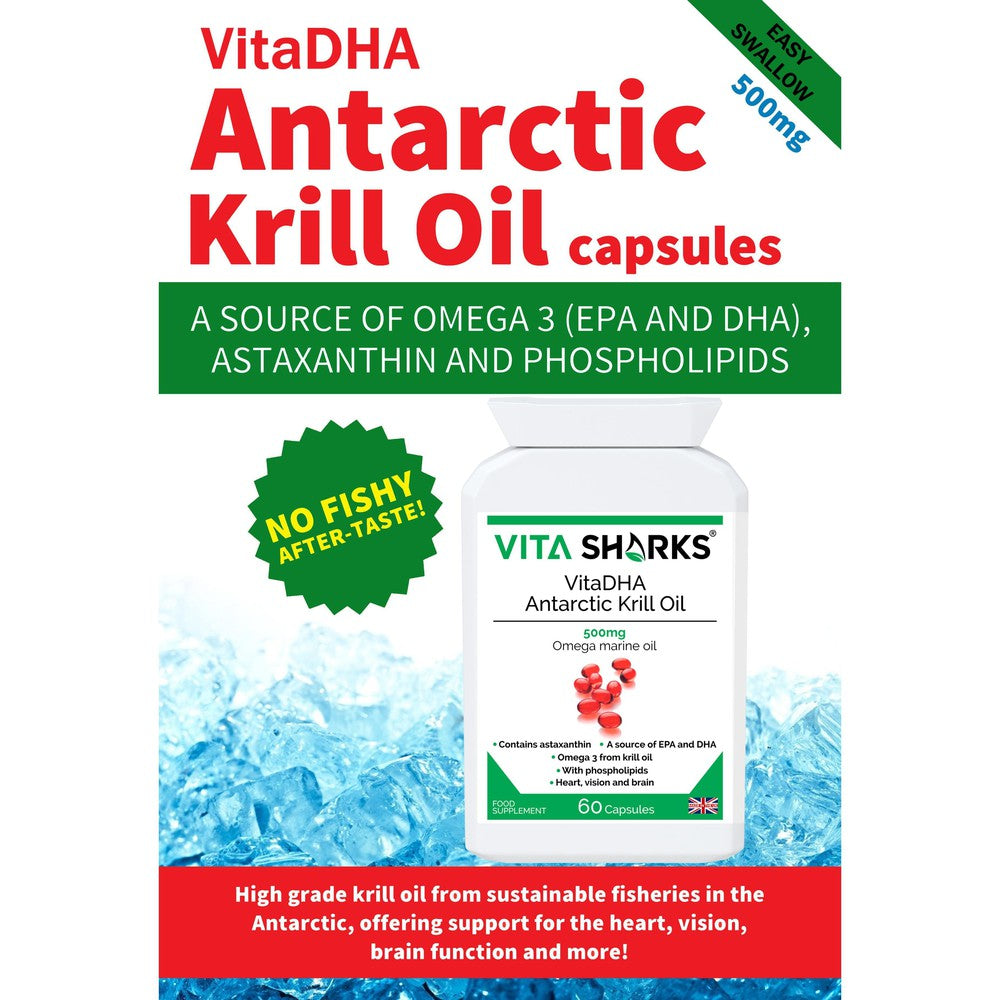 Buy VitaDHA Antarctic Krill Oil | A 500mg High Strength Source of Omega 3, Phospholipids & Astaxanthin - VitaDHA Antarctic Krill Oil is a powerful antioxidant and a natural source of high concentration omega 3 oil. Krill oil is used for the same reasons as cod liver oil, flax oil and other omega 3 fatty acids, but is often favoured because it does not cause fishy burps or an after-taste - a common side effect of fish oil. at Sacred Remedy Online