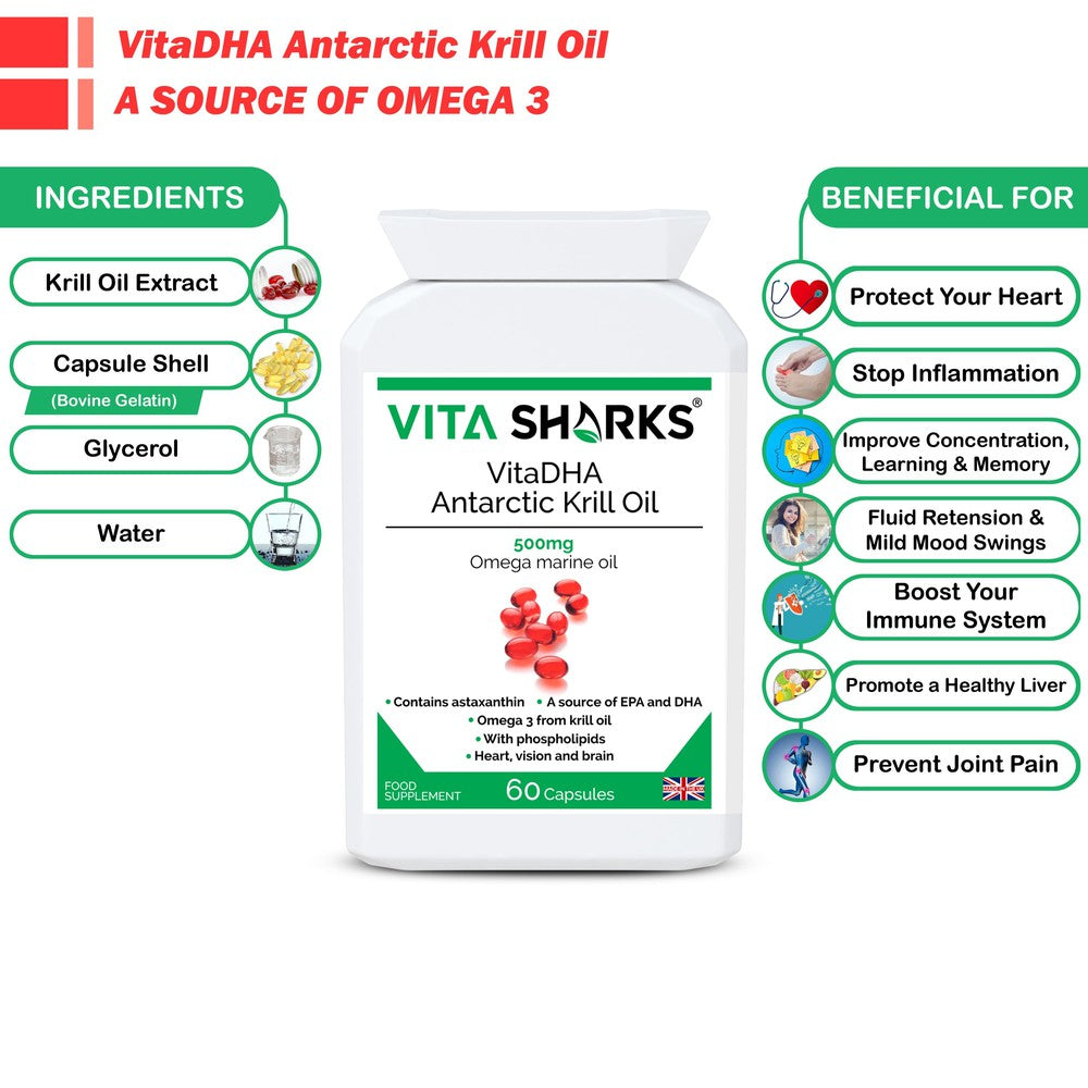 Buy VitaDHA Antarctic Krill Oil | A 500mg High Strength Source of Omega 3, Phospholipids & Astaxanthin - VitaDHA Antarctic Krill Oil is a powerful antioxidant and a natural source of high concentration omega 3 oil. Krill oil is used for the same reasons as cod liver oil, flax oil and other omega 3 fatty acids, but is often favoured because it does not cause fishy burps or an after-taste - a common side effect of fish oil. at Sacred Remedy Online