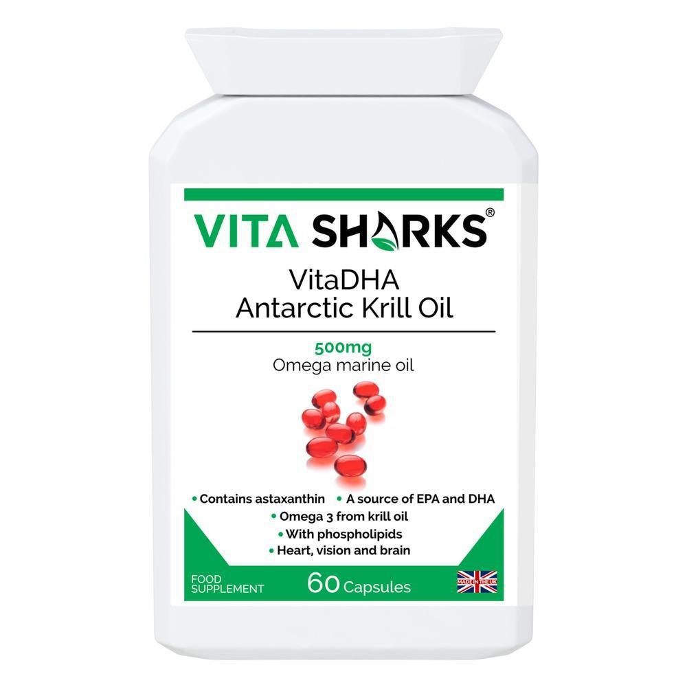 Buy VitaDHA Antarctic Krill Oil | A 500mg High Strength Source of Omega 3, Phospholipids & Astaxanthin - VitaDHA Antarctic Krill Oil is a powerful antioxidant and a natural source of high concentration omega 3 oil. Krill oil is used for the same reasons as cod liver oil, flax oil and other omega 3 fatty acids, but is often favoured because it does not cause fishy burps or an after-taste - a common side effect of fish oil. at Sacred Remedy Online