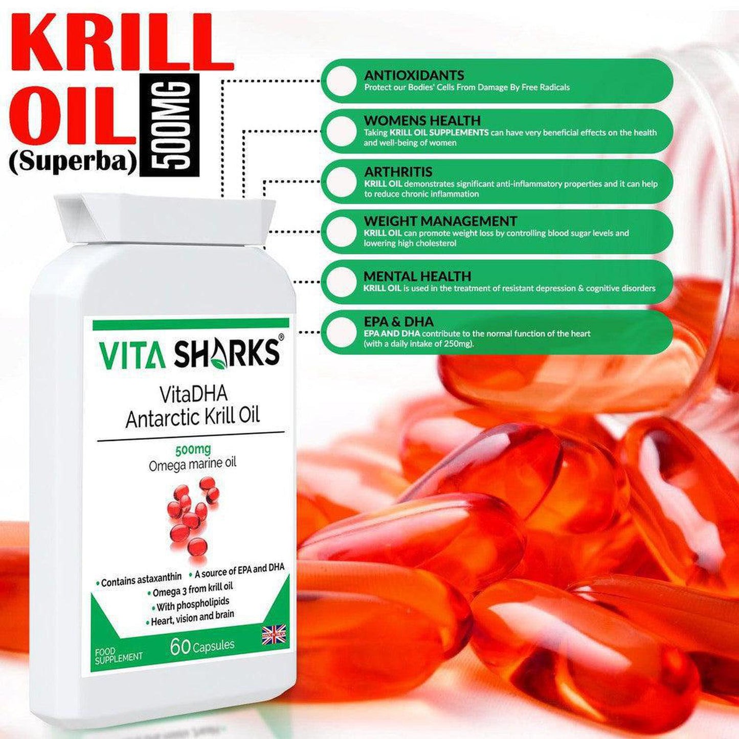 VitaDHA Antarctic Krill Oil | A 500mg High Strength Source of Omega 3, Phospholipids & Astaxanthin - VitaDHA Antarctic Krill Oil is a powerful antioxidant and a natural source of high concentration omega 3 oil. Krill oil is used for the same reasons as cod liver oil, flax oil and other omega 3 fatty acids, but is often favoured because it does not cause fishy burps or an after-taste - a common side effect of fish oil. Buy Now at Sacred Remedy