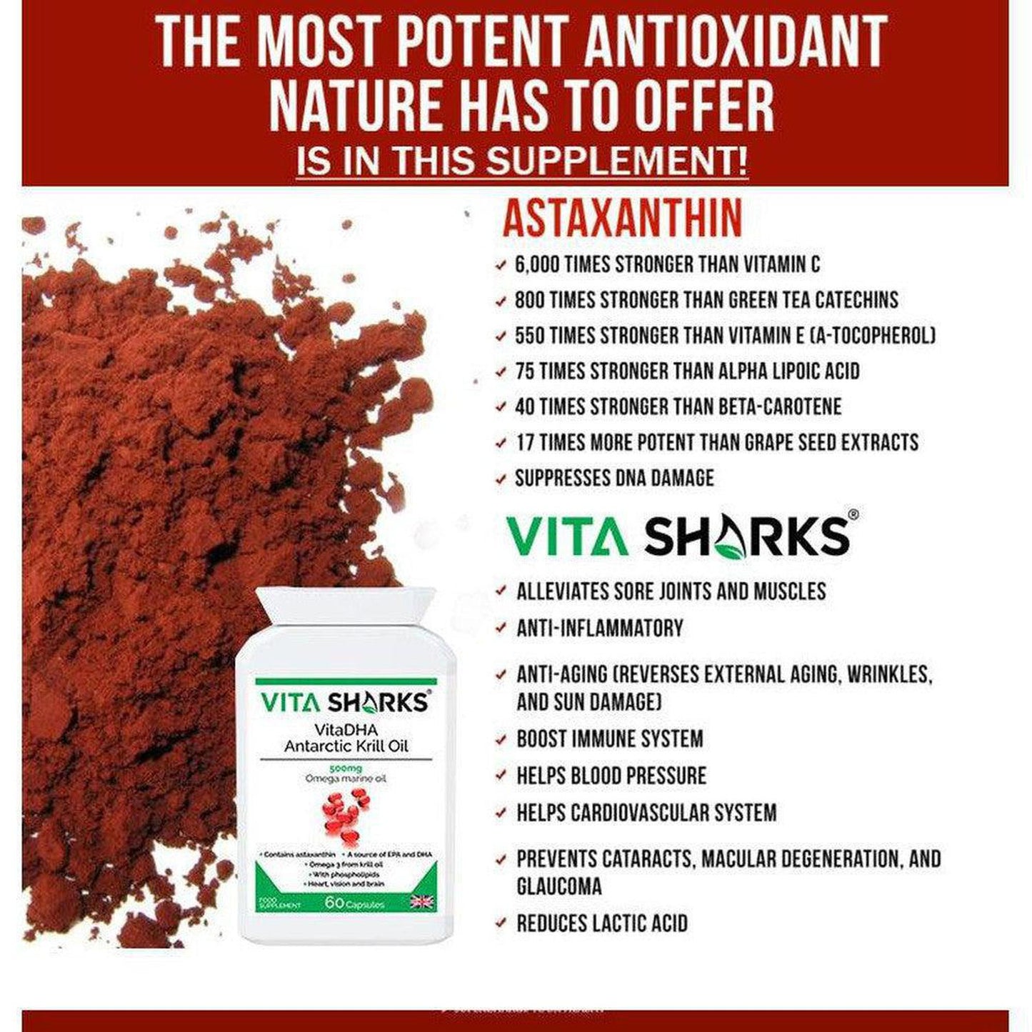 VitaDHA Antarctic Krill Oil | A 500mg High Strength Source of Omega 3, Phospholipids & Astaxanthin - VitaDHA Antarctic Krill Oil is a powerful antioxidant and a natural source of high concentration omega 3 oil. Krill oil is used for the same reasons as cod liver oil, flax oil and other omega 3 fatty acids, but is often favoured because it does not cause fishy burps or an after-taste - a common side effect of fish oil. Buy Now at Sacred Remedy