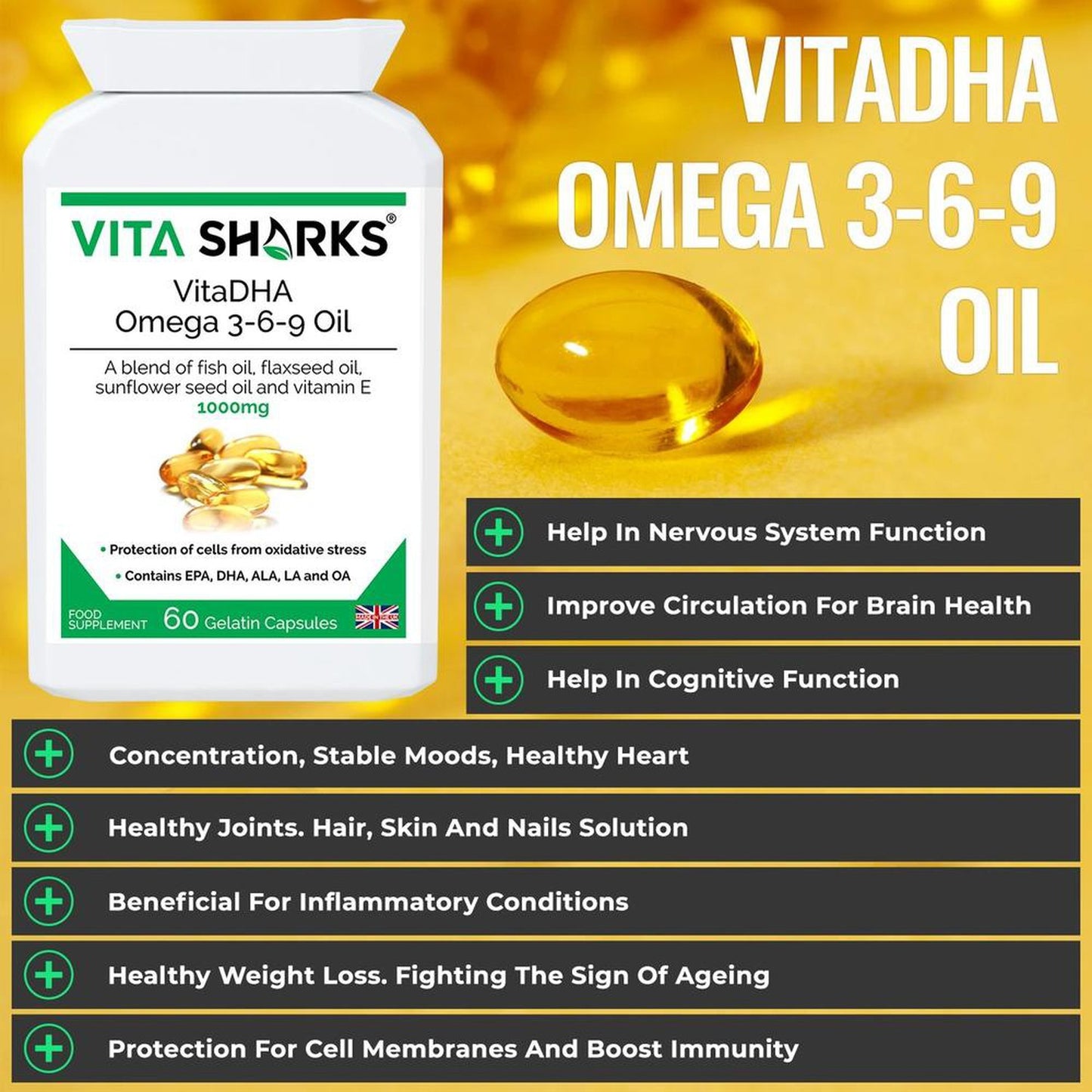 Buy VitaDHA Omega 3-6-9 Oil | 1000mg Potent EPA, Rich in DHA & Vitamin E - Discover VitaDHA Omega 3-6-9 Fish Oil Concentrate, a supplement rich in EPA & DHA. Experience the benefits of this natural fish oil formula, containing essential fatty acids and vitamin E. at Sacred Remedy Online