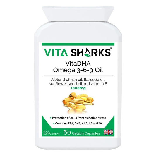 Buy VitaDHA Omega 3-6-9 Oil | 1000mg Potent EPA, Rich in DHA & Vitamin E - Discover VitaDHA Omega 3-6-9 Fish Oil Concentrate, a supplement rich in EPA & DHA. Experience the benefits of this natural fish oil formula, containing essential fatty acids and vitamin E. at Sacred Remedy Online